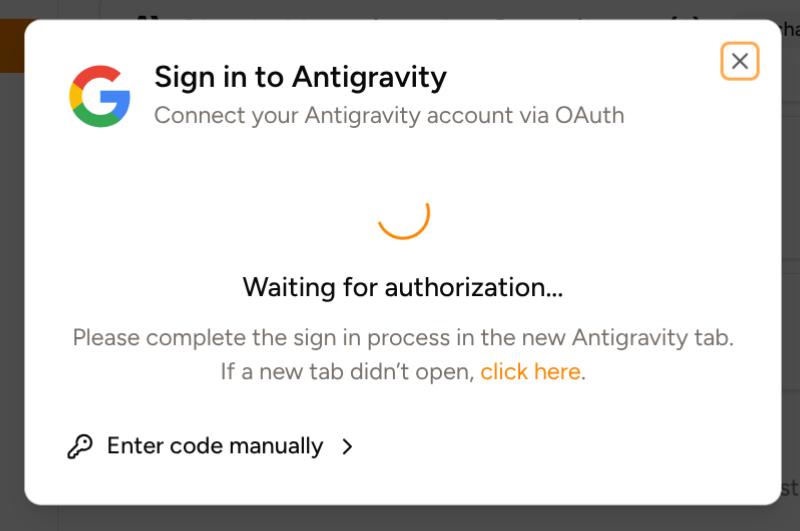 Screenshot of the Antigravity subscription provider waiting for authentication