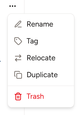 Screenshot of the dropdown menu on a chat in the sidebar, with 5 (previously 3) items: Rename, Tag, Relocate, Duplicate, and Trash.