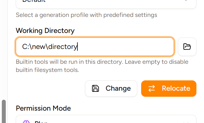 Screenshot of the 'Working Directory' section of a chat's config sidebar, showing a modified path of 'C:\new\directory\' and the existing 'Change' and the new 'Relocate' buttons.