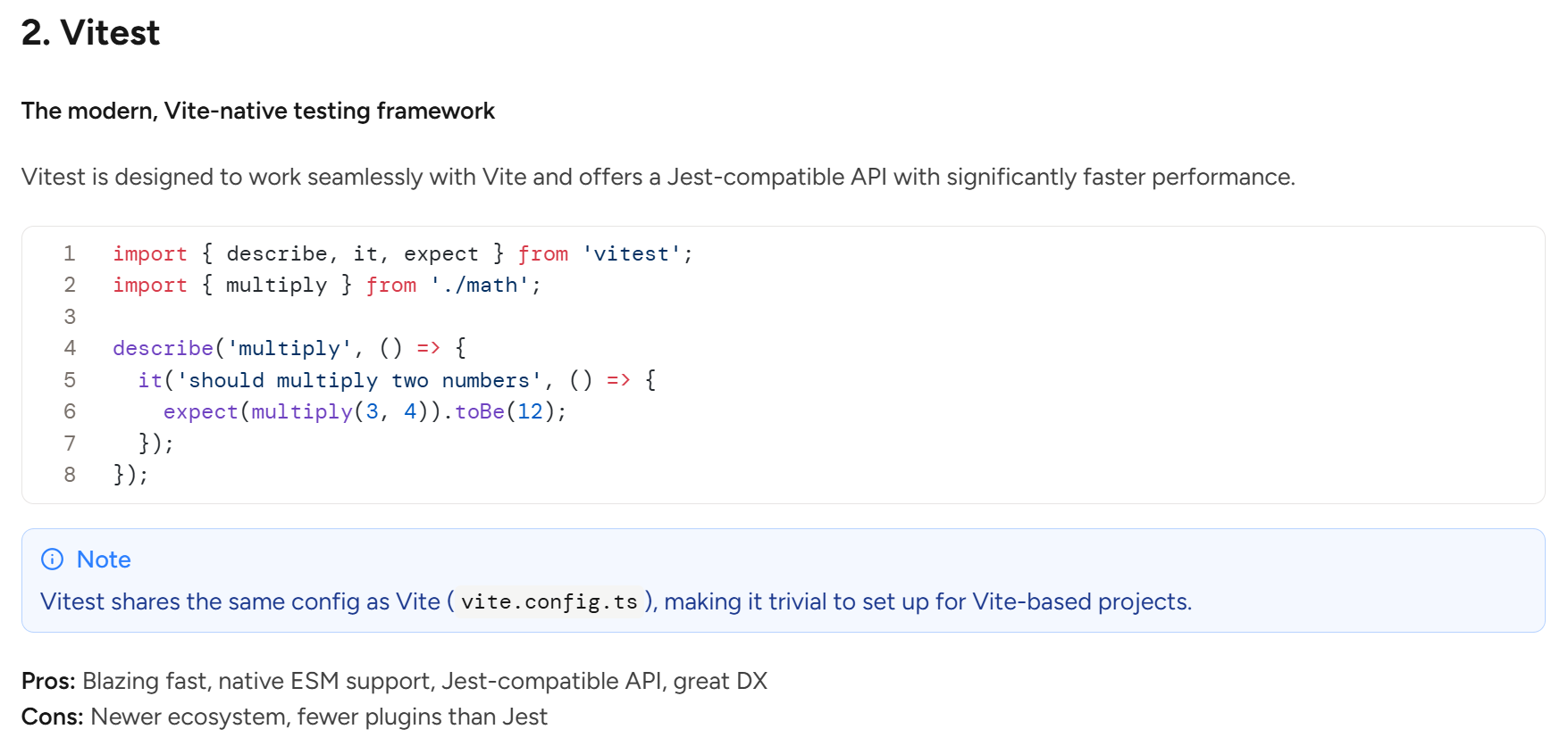 Screenshot of a sample of an AI response about JavaScript testing libraries, which includes a blue 'Note' callout block.