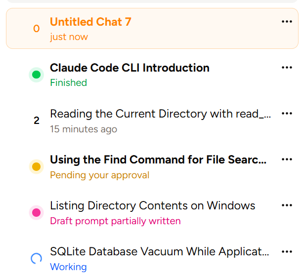 Screenshot of the sidebar with several chats, one of them having the status 'Draft prompt partially written' as described