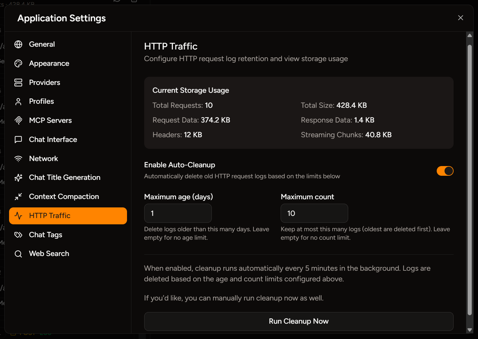 Screenshot of the 'HTTP Traffic' section in the Piebald settings