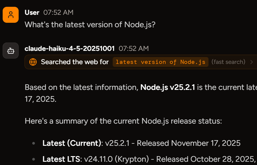 Screenshot of a web search for 'latest version of Node.js' being performed by Claude Haiku 4.5 in response to the user's query 'What is the latest version of Node.js?'