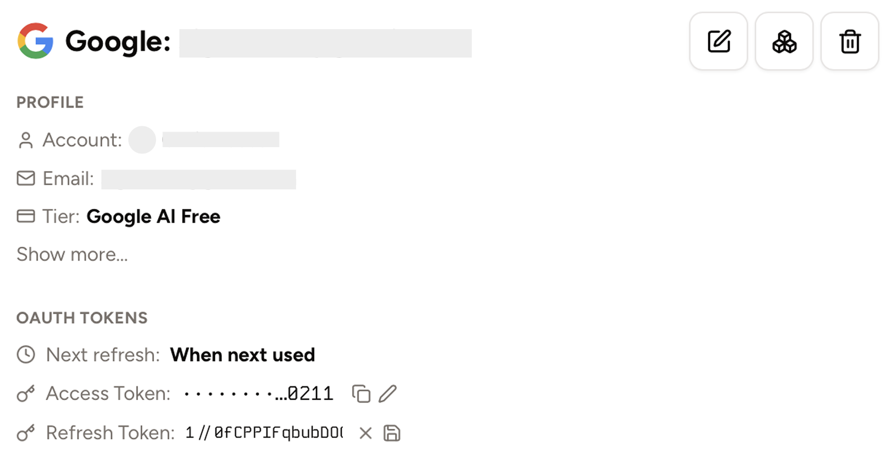 Screenshot demonstrating OAuth access and refresh token editing