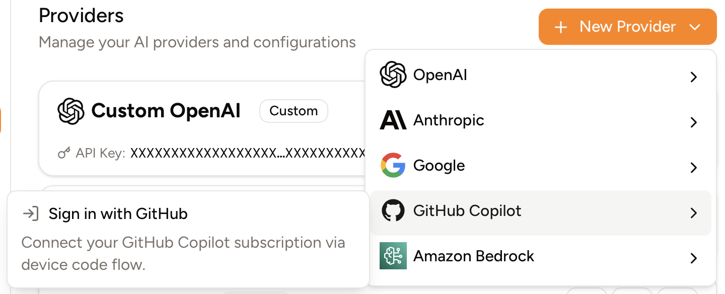 Screenshot of GitHub Copilot provider creation method