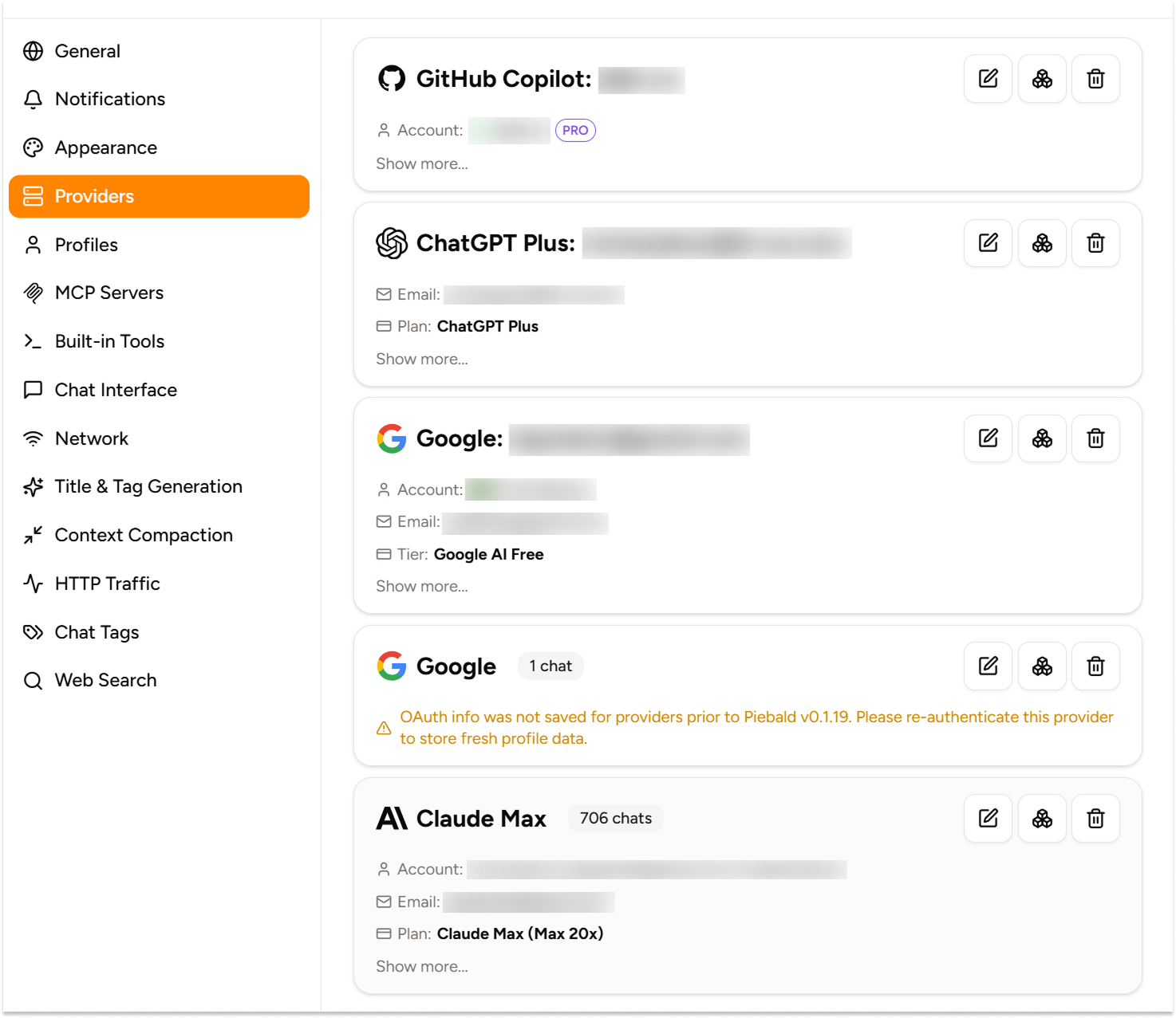 Screenshot showing several OAuth providers with various information under them