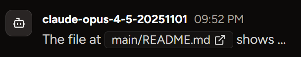 Screenshot of an AI message containing 'The file at main/README.md shows ...' where the file path 'main/README.md' is clickable