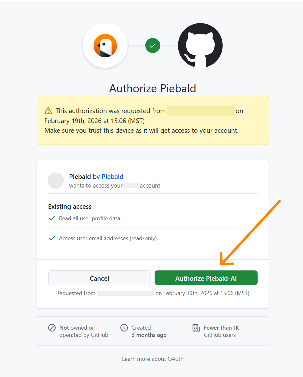 Screenshot of the approving Piebald access to GitHub account