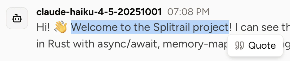 Screenshot of Quote dropdown button (appears on selection of assistant message text)