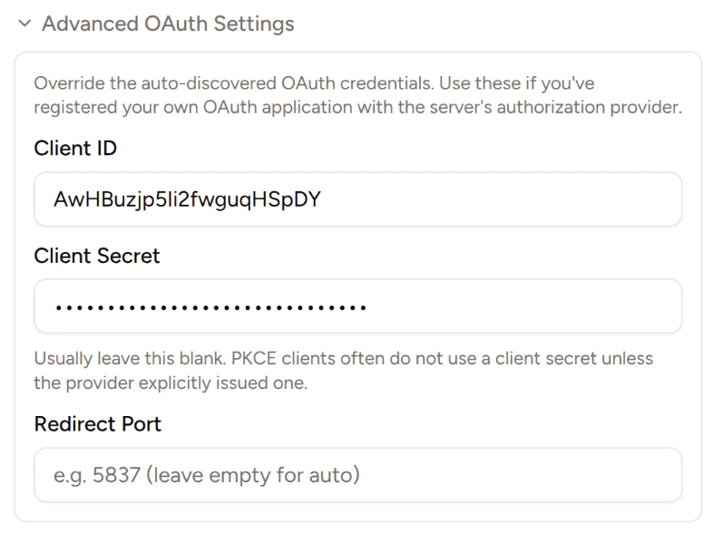 Piebald advanced OAuth settings for a Figma MCP server