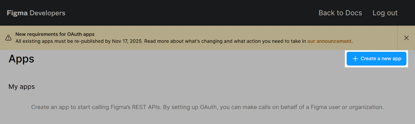 Figma Create a new app button