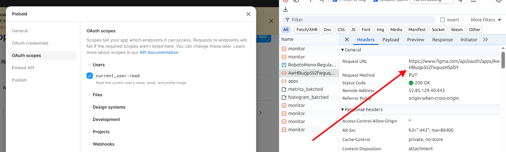 Figma OAuth scopes with browser DevTools Network tab open