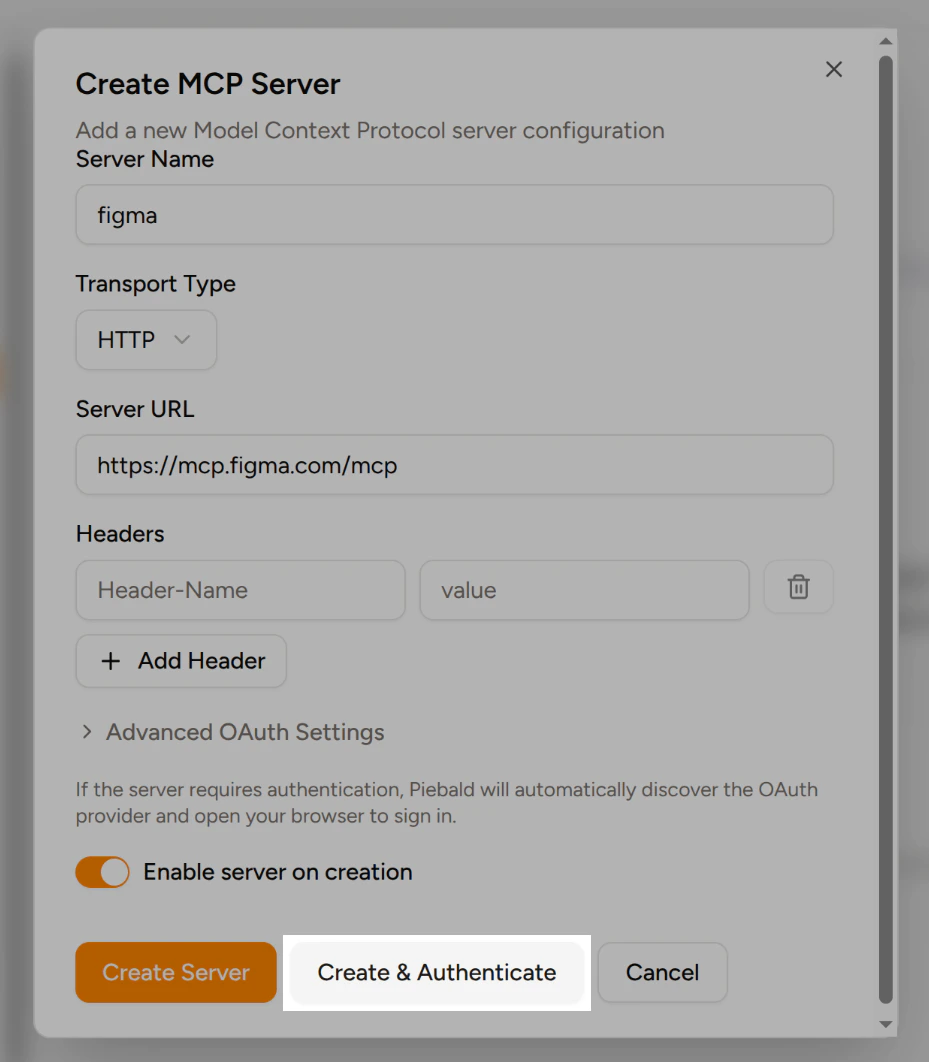 Piebald create and authenticate button for a Figma MCP server