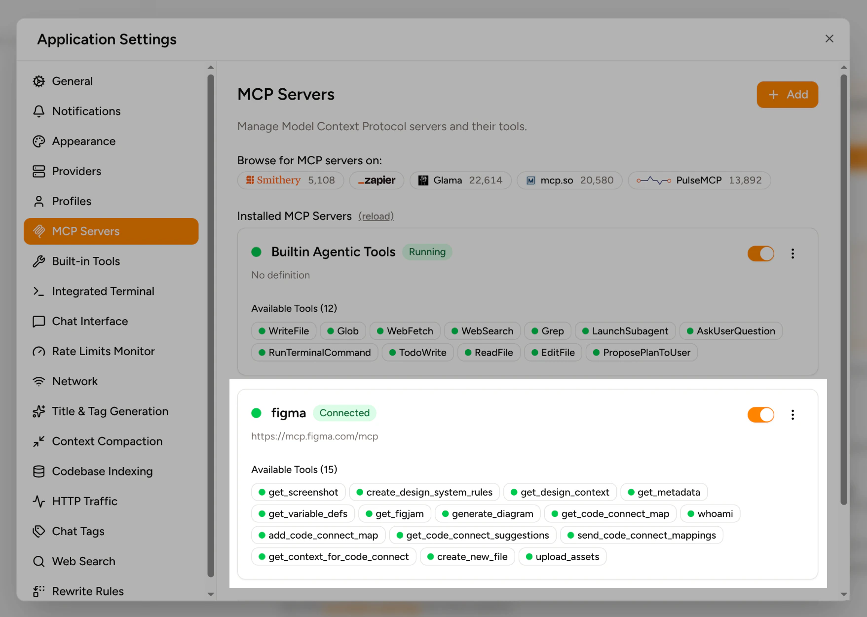 Piebald MCP servers list with the Figma server connected