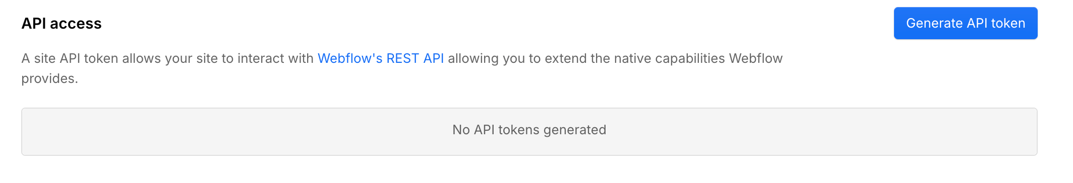 Webflow API access section with the Generate API token button