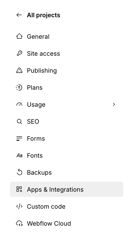 Webflow site settings sidebar with Apps & Integrations highlighted