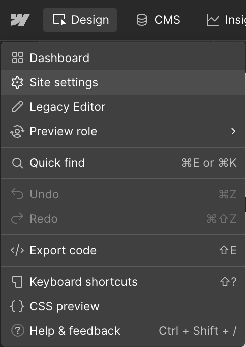 Webflow top-left menu dropdown with Site settings highlighted
