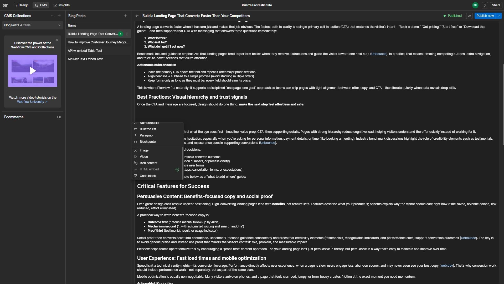 Webflow Rich Text add-block menu with the HTML embed option highlighted