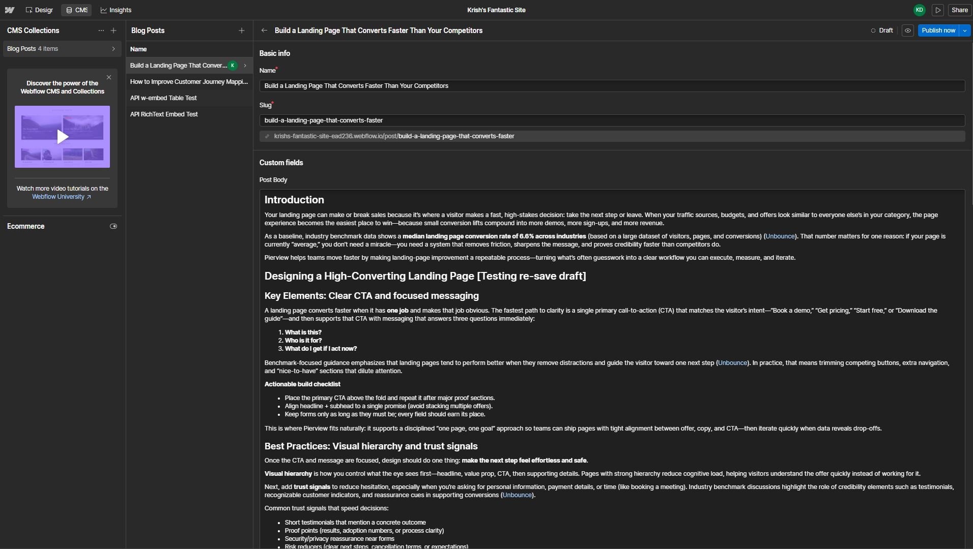 Webflow post editor with the cursor placed inside the Post Body Rich Text field