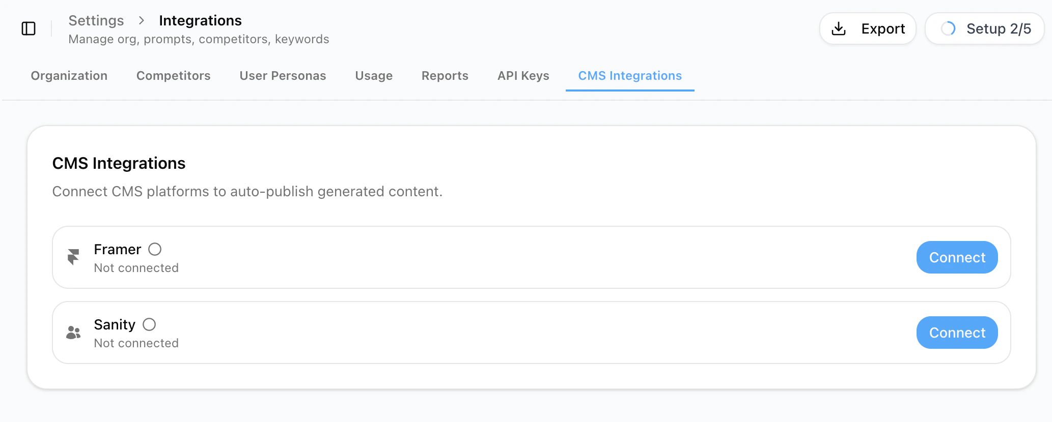 CMS Integrations page showing Framer and Sanity connect buttons