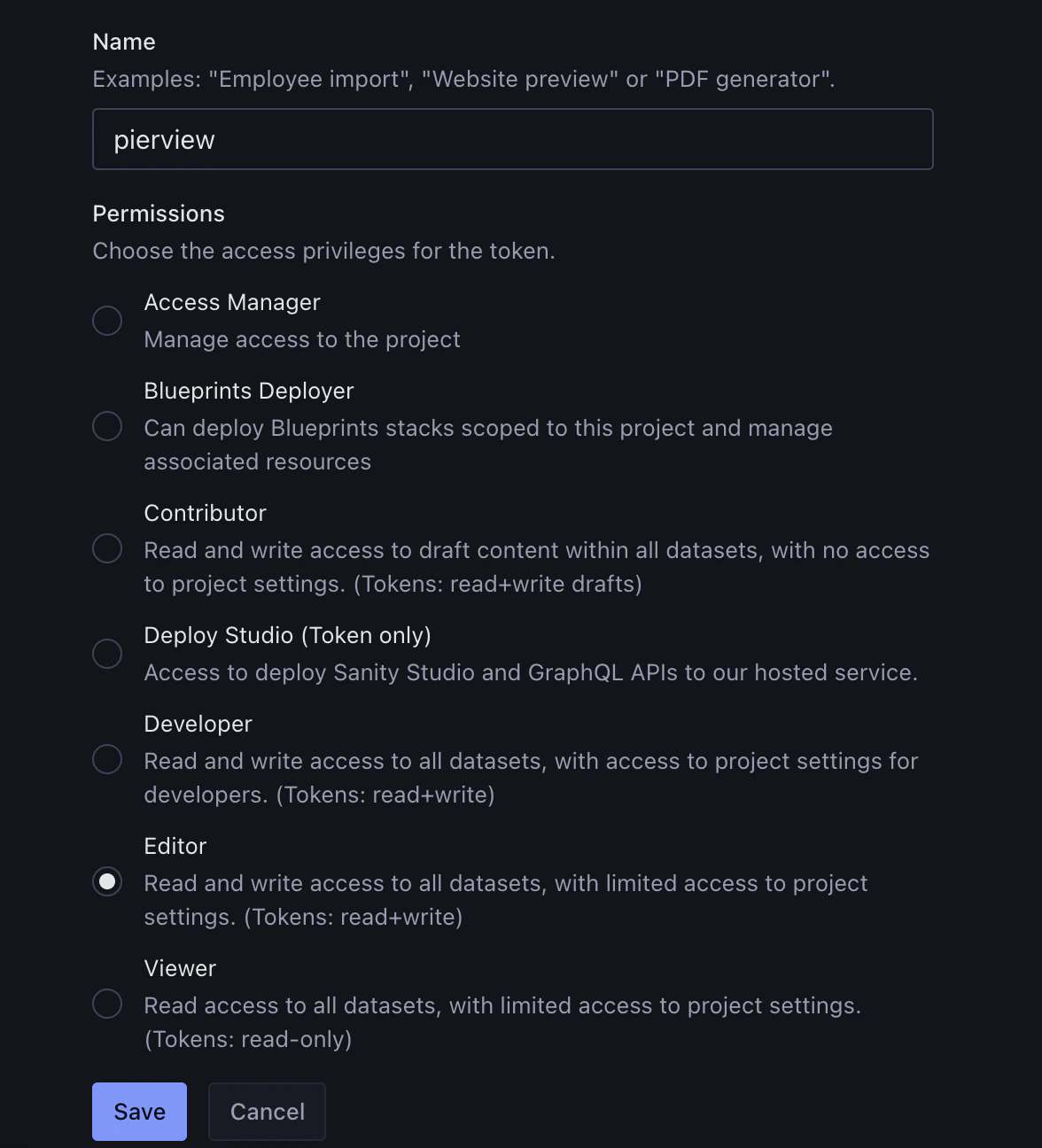 Selecting Editor permission when creating a Sanity API token