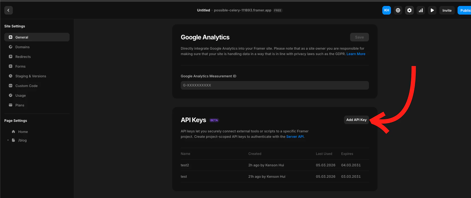 Framer API key generation