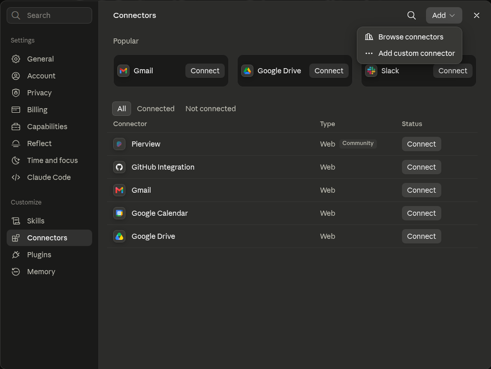 Claude connector settings with the Browse connectors option highlighted