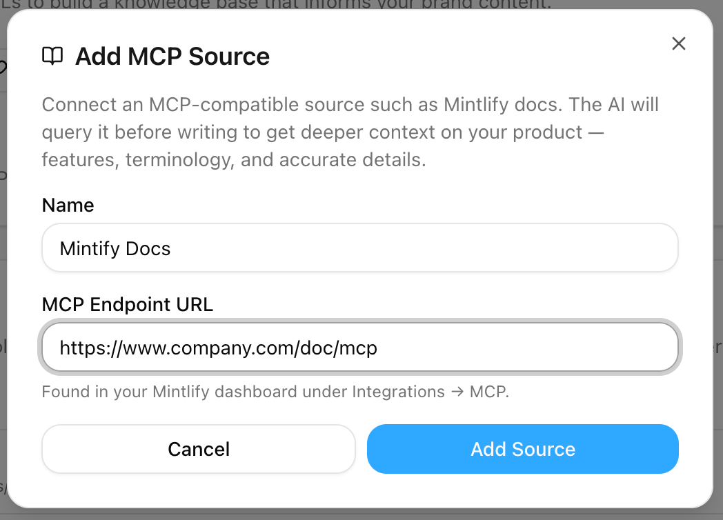 Add MCP Source dialog with Name and MCP Endpoint URL fields