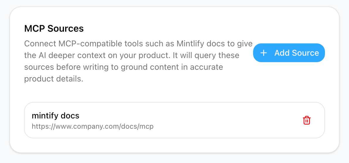 MCP Sources card with an Add Source button and a connected Mintlify docs source