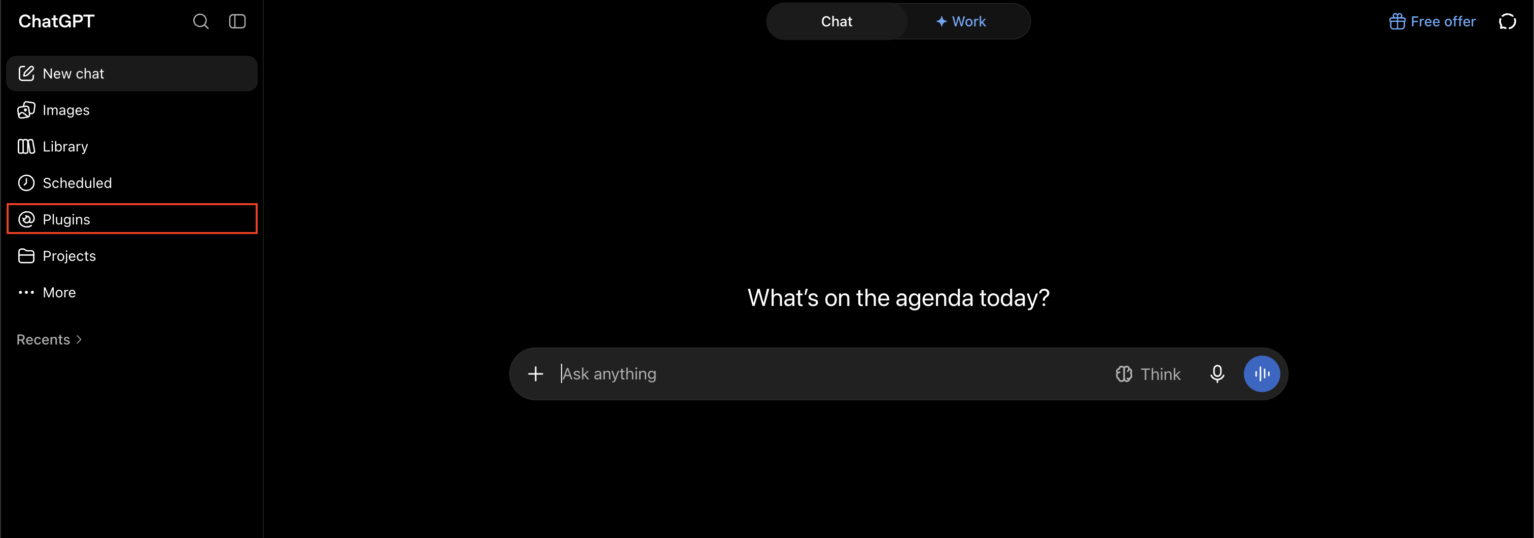 ChatGPT sidebar with the Plugins entry highlighted