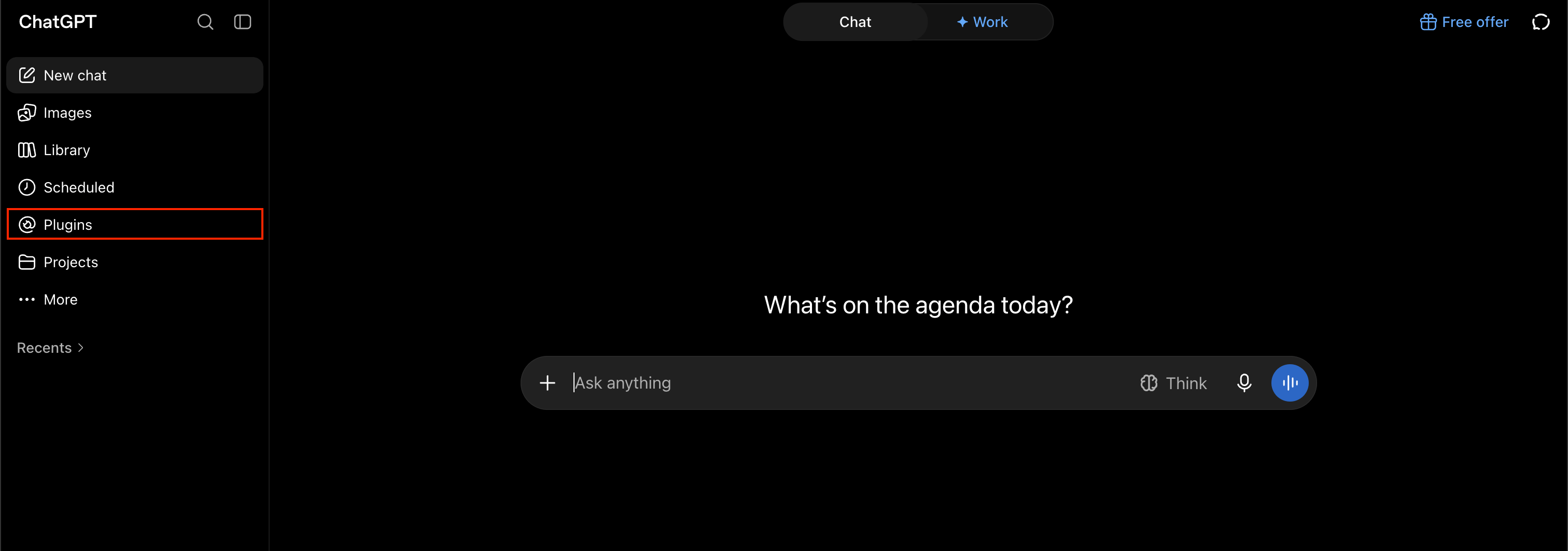 ChatGPT sidebar with the Plugins entry highlighted