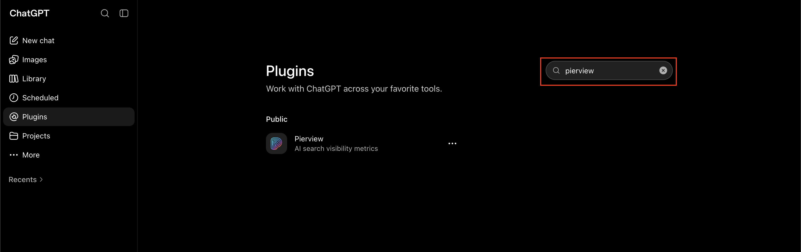 ChatGPT Plugins page showing the Pierview plugin in search results