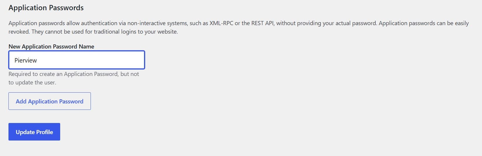 Entering Pierview as the application password name before clicking Add Application Password