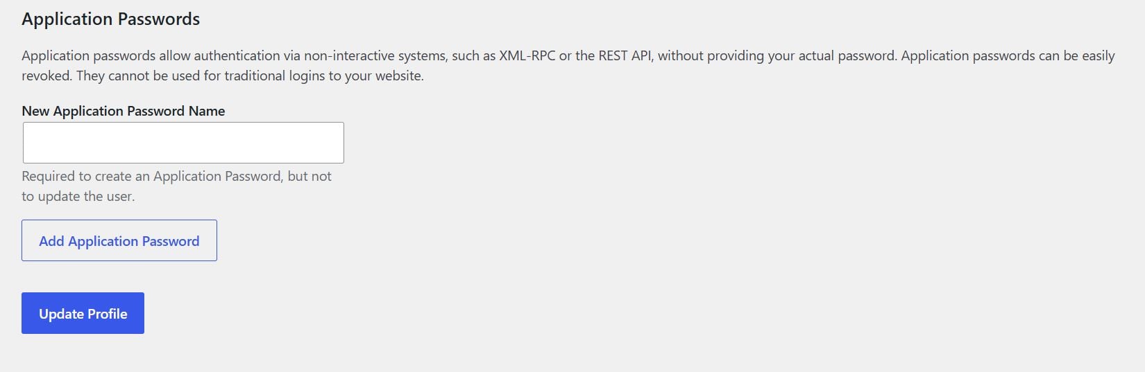 The Application Passwords section at the bottom of the WordPress Profile page