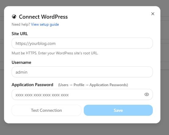 The Connect WordPress dialog in Pierview with Site URL, Username, and Application Password fields