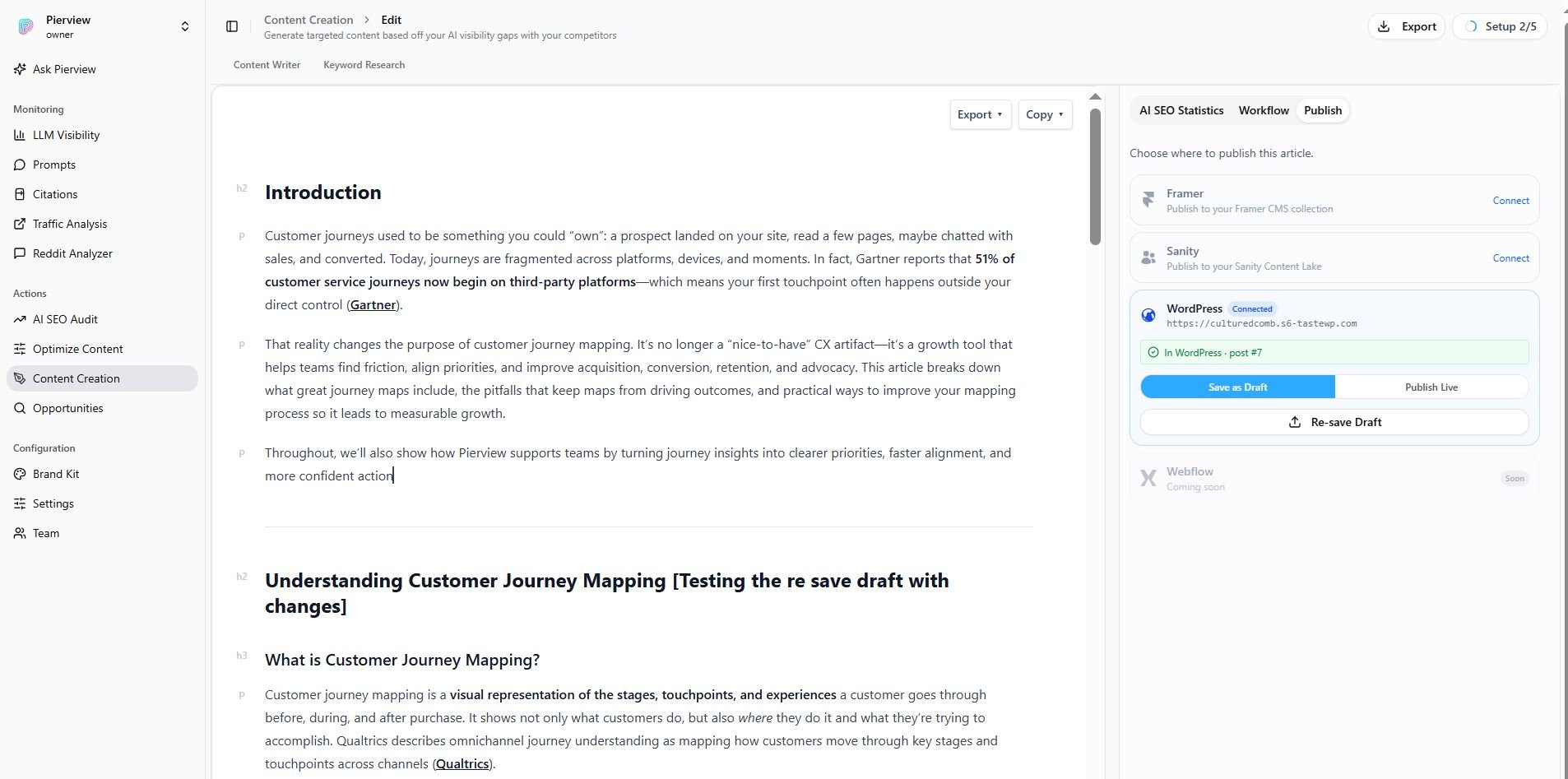 The Pierview publish panel showing WordPress connected with Save as Draft and Publish Live options