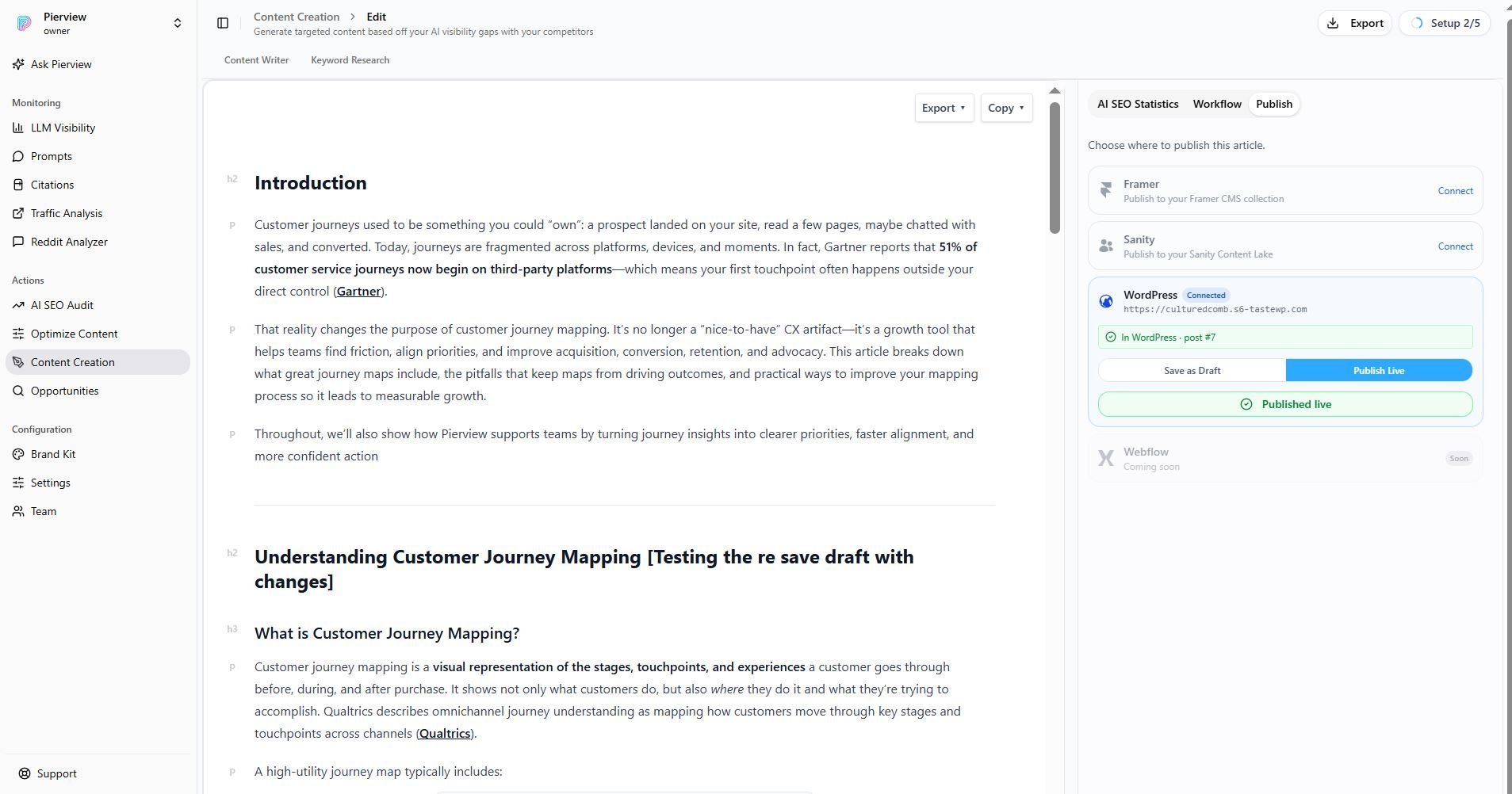 Pierview showing a Published live confirmation after publishing to WordPress