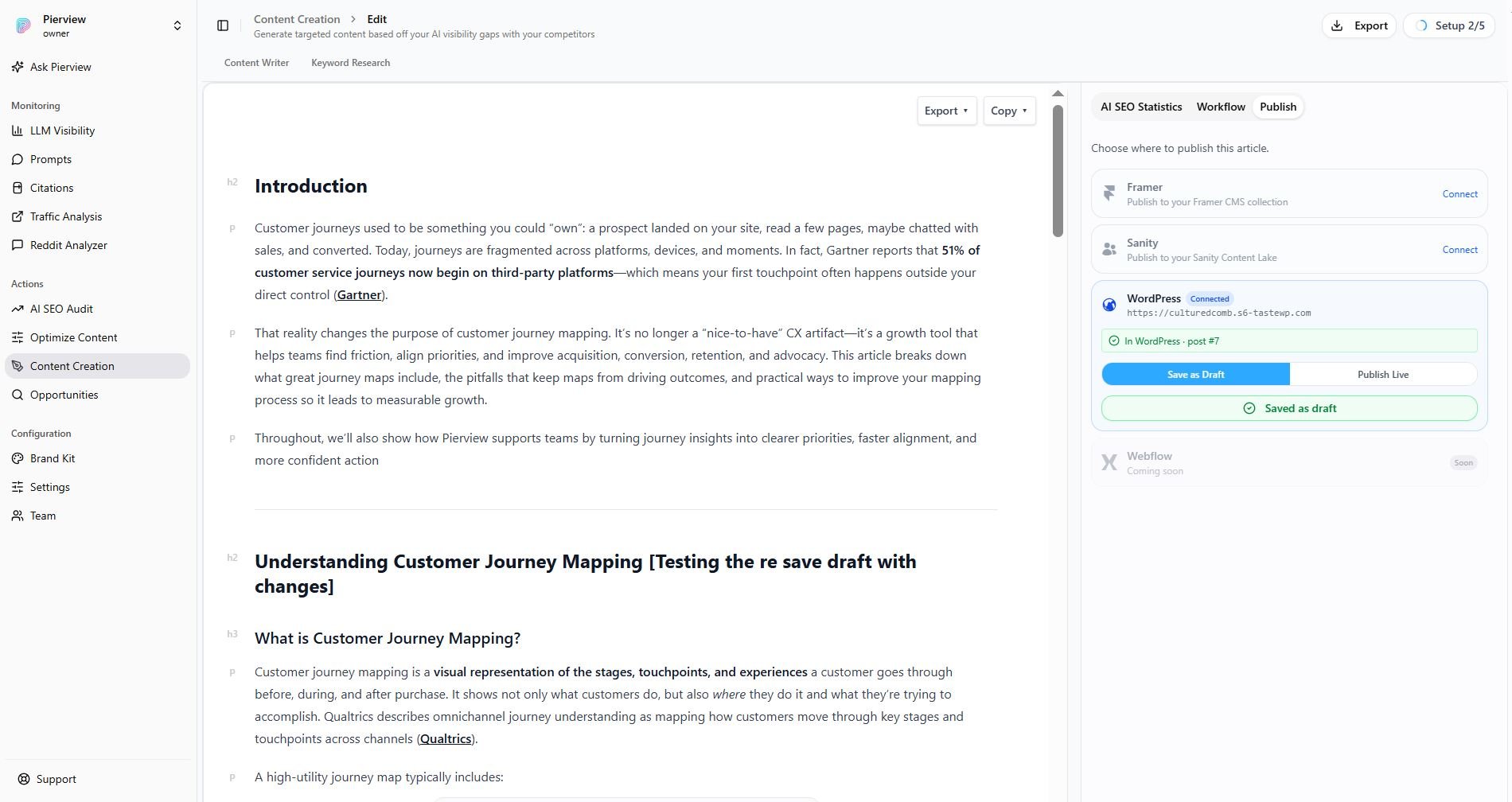 Pierview showing a Saved as draft confirmation after saving to WordPress