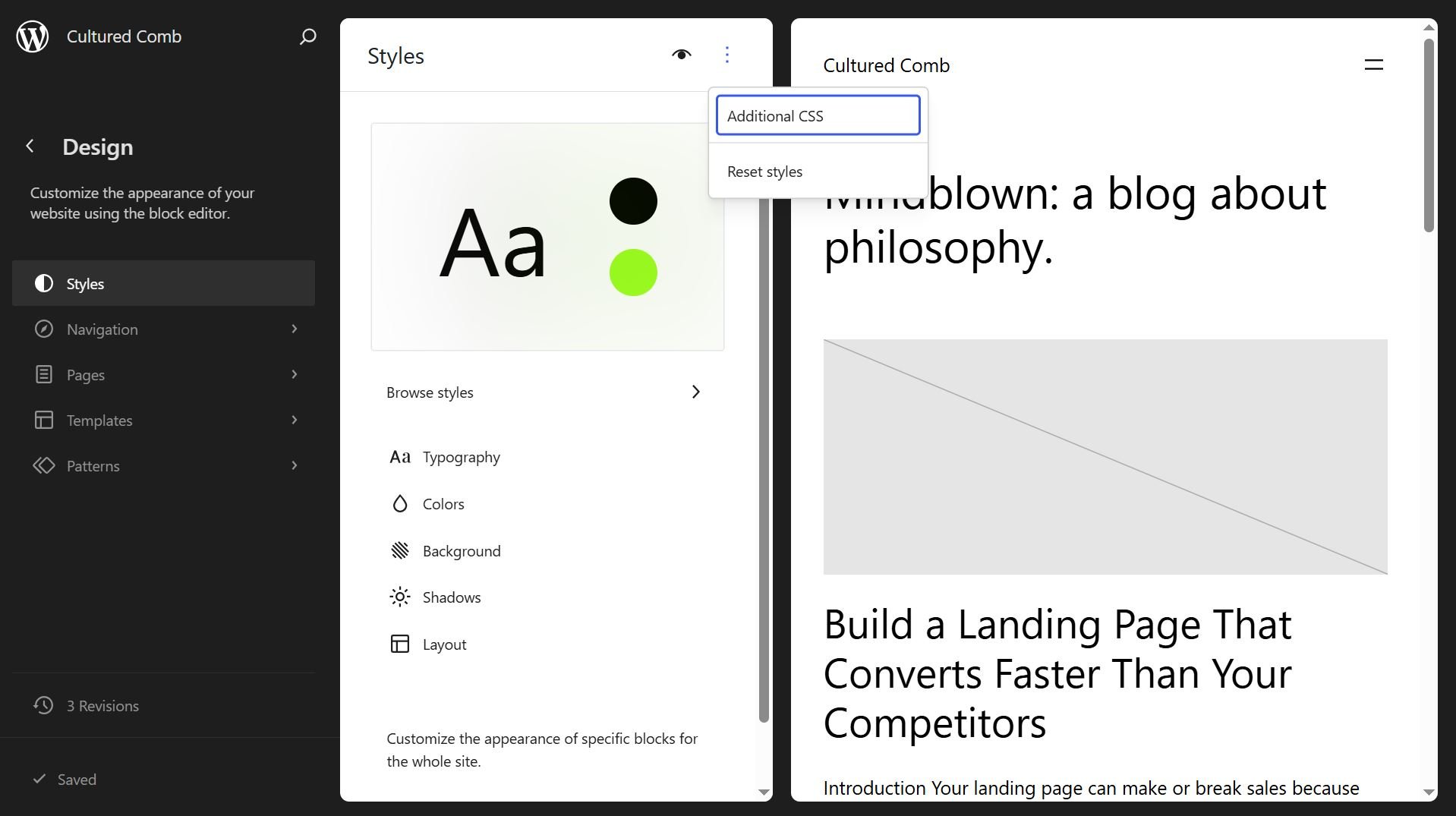 WordPress Styles panel with the three-dot menu open, showing the Additional CSS option