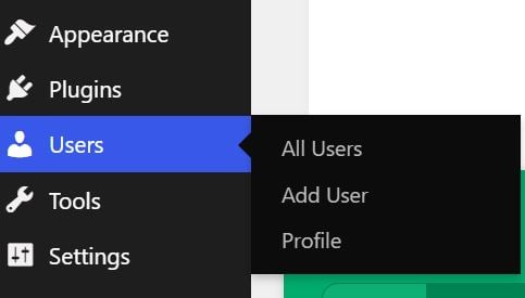 WordPress admin sidebar showing the Users submenu with Profile highlighted