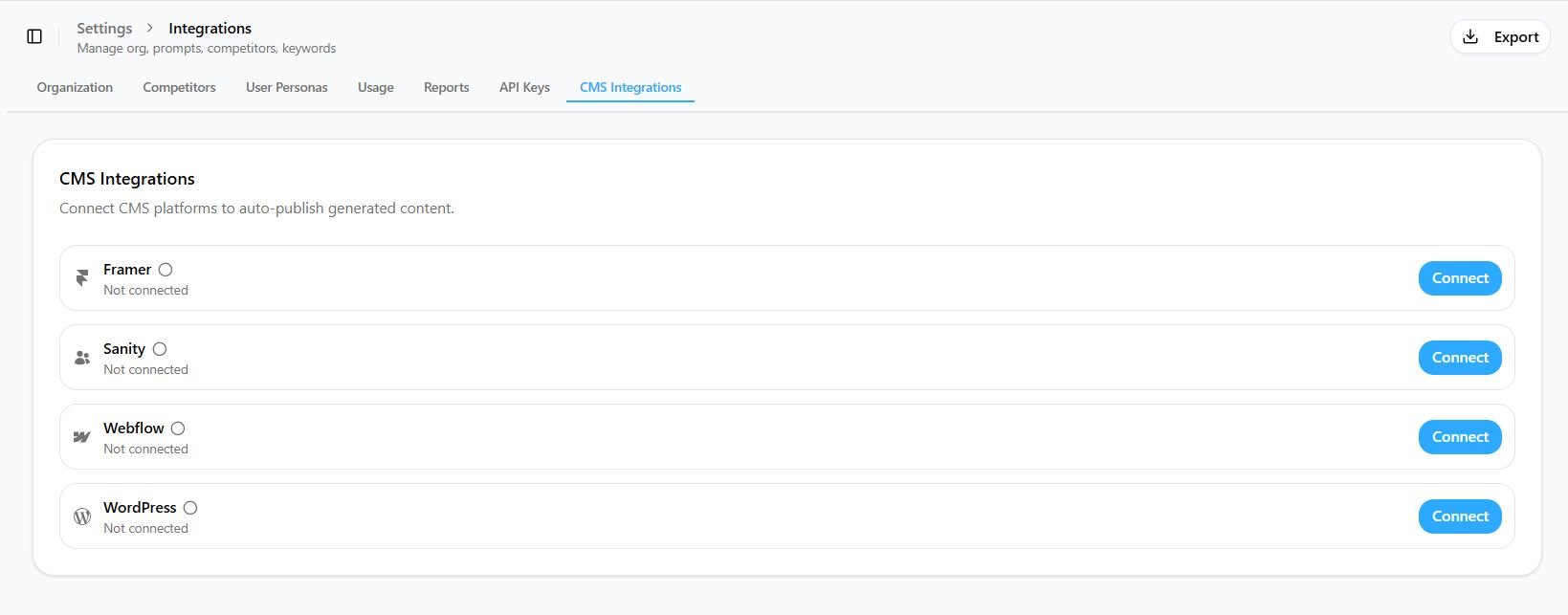 CMS Integrations page showing Framer and Sanity connect buttons