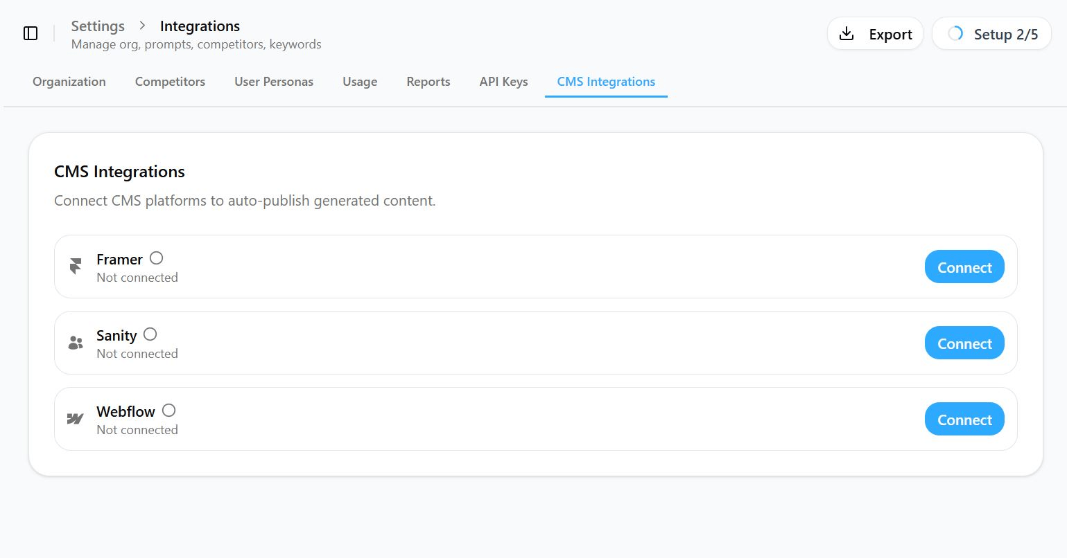 CMS Integrations page showing Framer and Sanity connect buttons