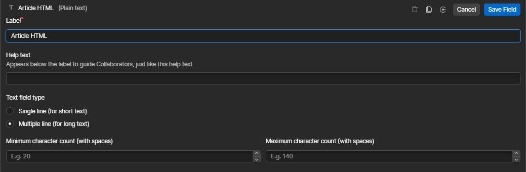 Webflow Plain Text field editor showing Article HTML name and Multiple line selected