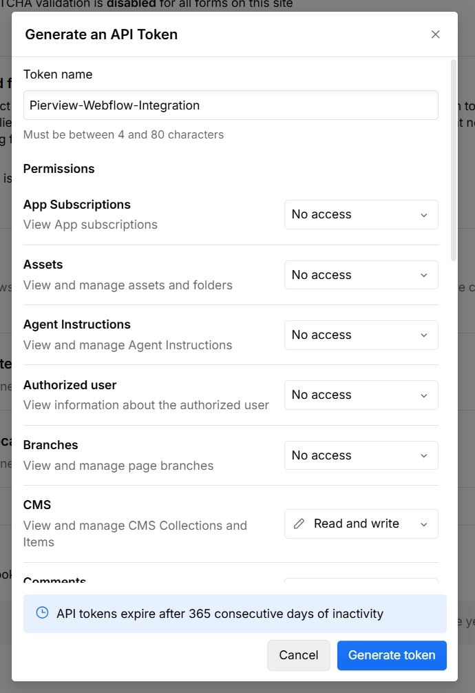 Webflow Generate API Token dialog showing CMS set to Read and write