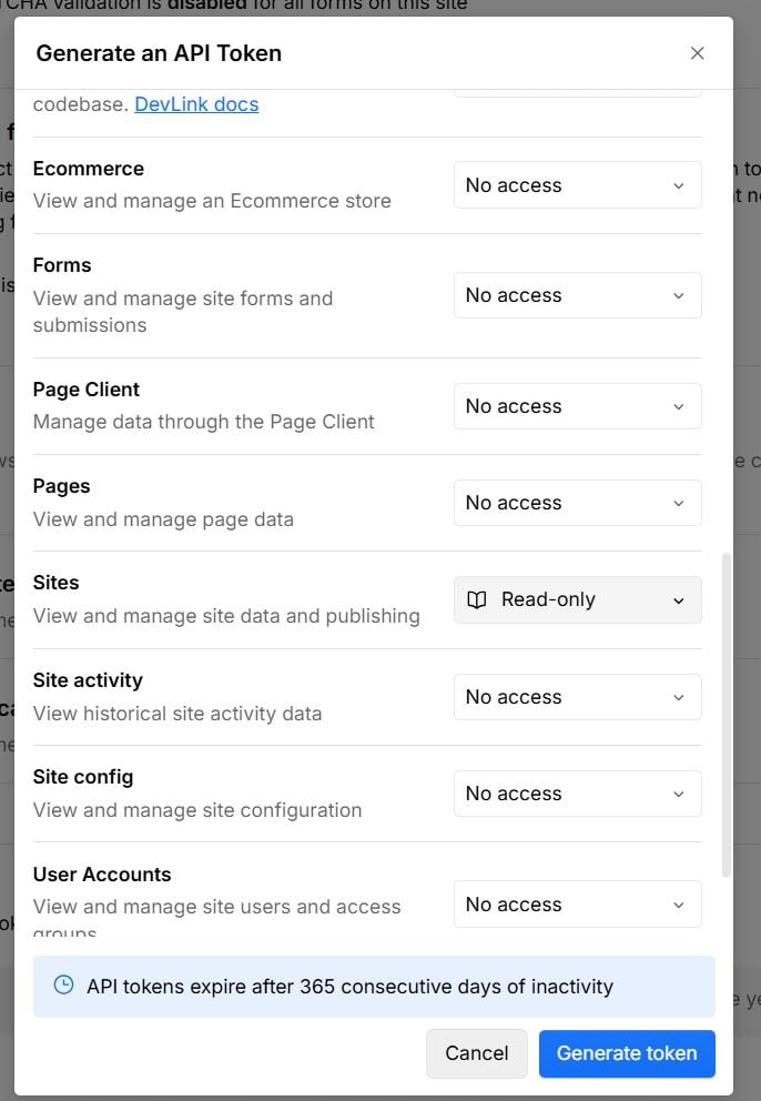Webflow Generate API Token dialog showing Sites set to Read-only