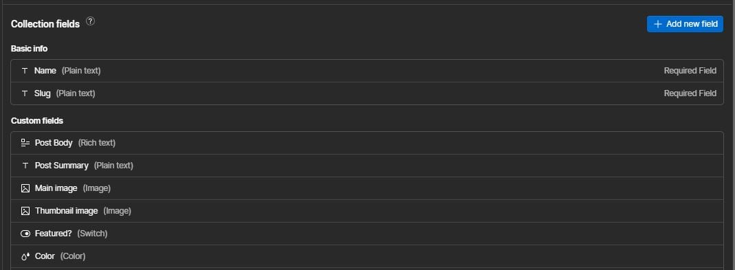 Webflow collection fields list showing existing fields like Post Body and the Add new field button