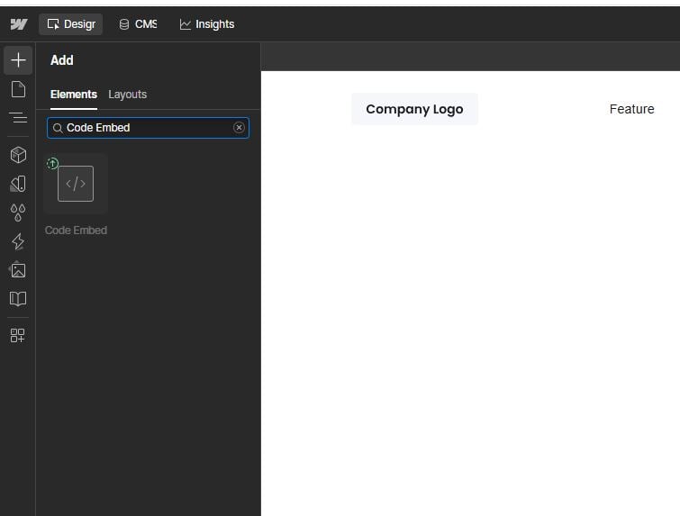 Binding the Article HTML field to a Code Embed element in the Webflow Designer