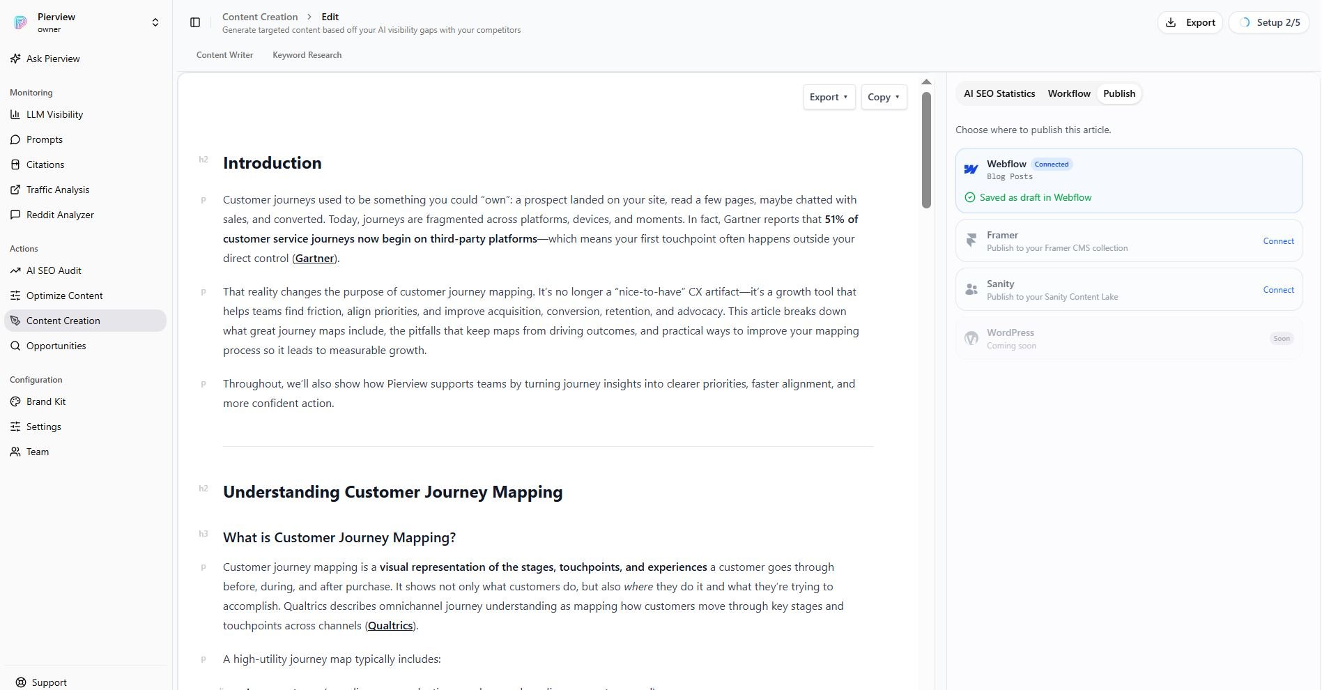 Pierview publish panel showing 'Saved as draft in Webflow' success state