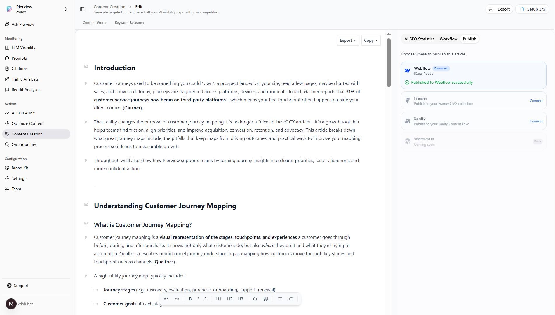 Pierview publish panel showing 'Published to Webflow successfully' success state