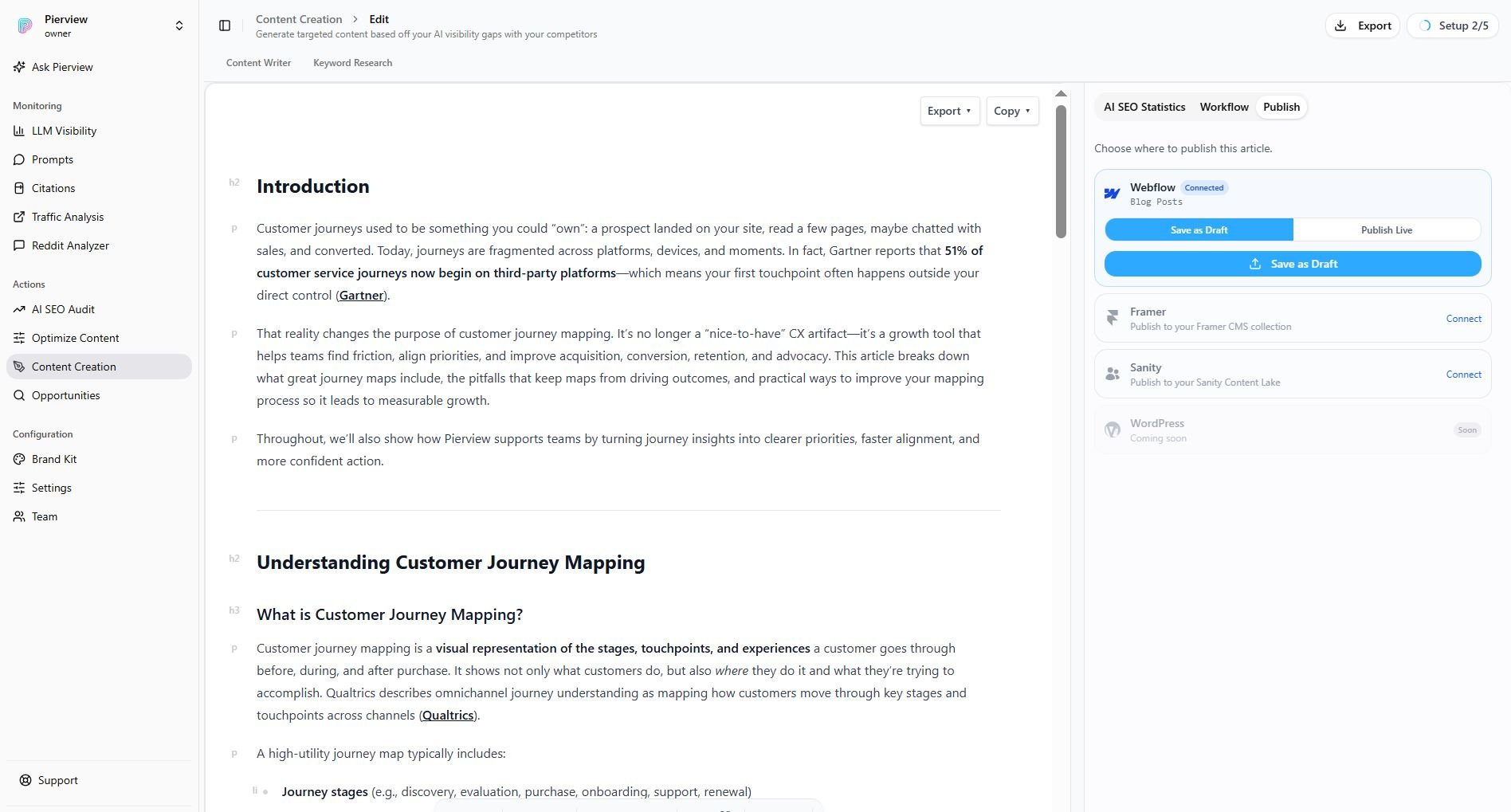 Pierview publish panel showing Webflow connected with Save as Draft and Publish Live buttons